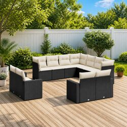 Stylish 11 Piece Black Garden Sofa Set with Cushions