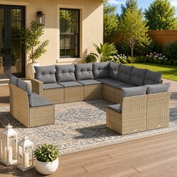 Garden Sofa Set 11 Piece Outdoor Furniture Patio Beige Poly Rattan Modular