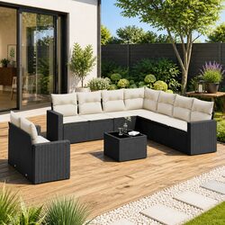 10 Piece Outdoor Garden Sofa Set Black Poly Rattan Modular Patio Furniture with
