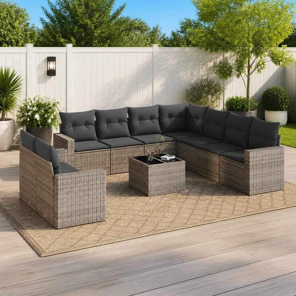 Garden Sofa Set 10 Piece Outdoor Furniture Grey Poly Rattan with Cushions Patio