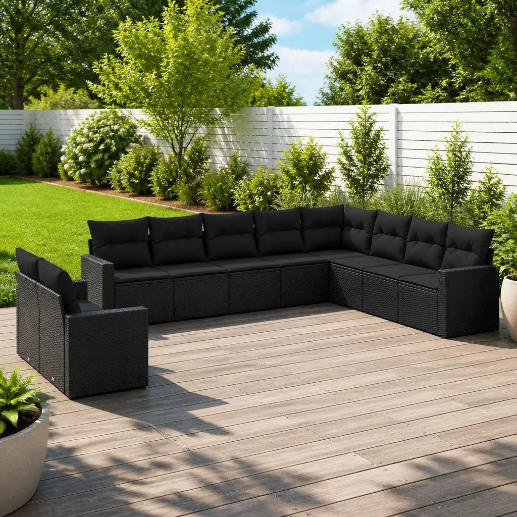 Garden Sofa Set 10 Piece Outdoor Furniture Black Poly Rattan Modular Patio