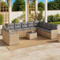 Garden Sofa Set 11 Piece Outdoor Furniture Patio Beige Poly Rattan with Cushions