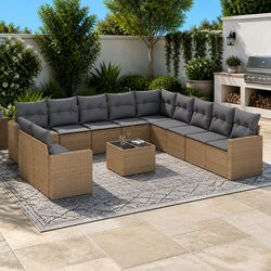 Garden Sofa Set 12 Piece Outdoor Furniture Patio Beige Cushions Glass Table