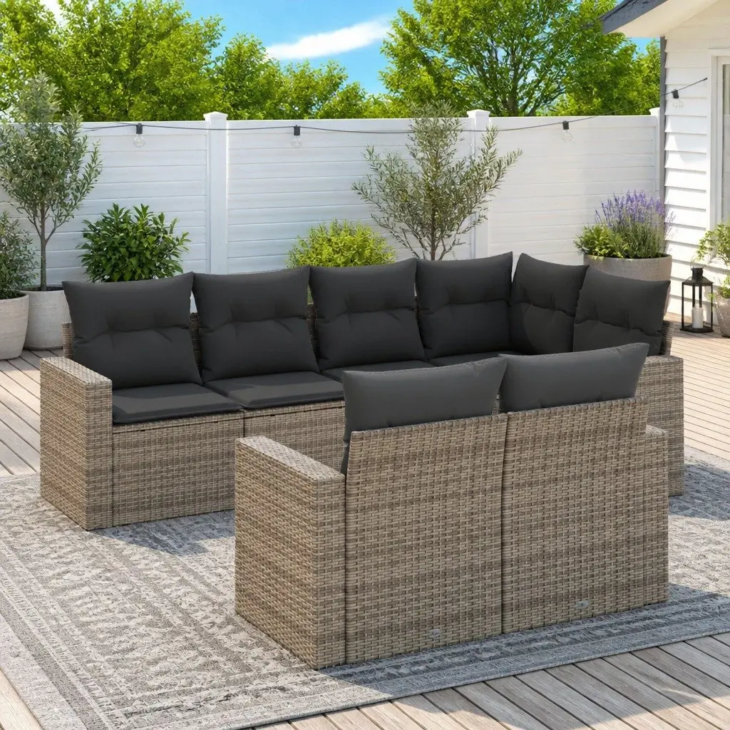 7 Piece Outdoor Garden Sofa Set with Cushions Grey Poly Rattan Modular Patio
