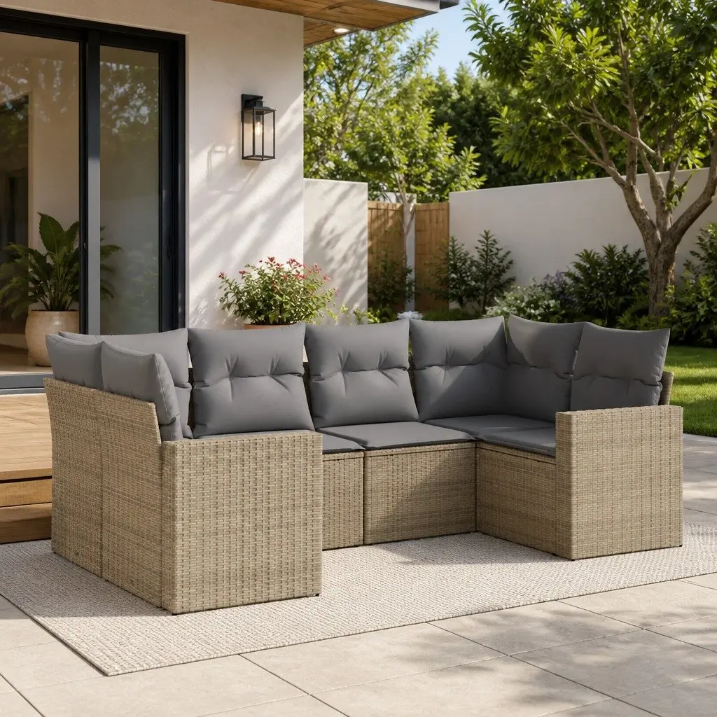 Garden Sofa Set 6 Piece Outdoor Furniture Patio Beige Poly Rattan with Cushions