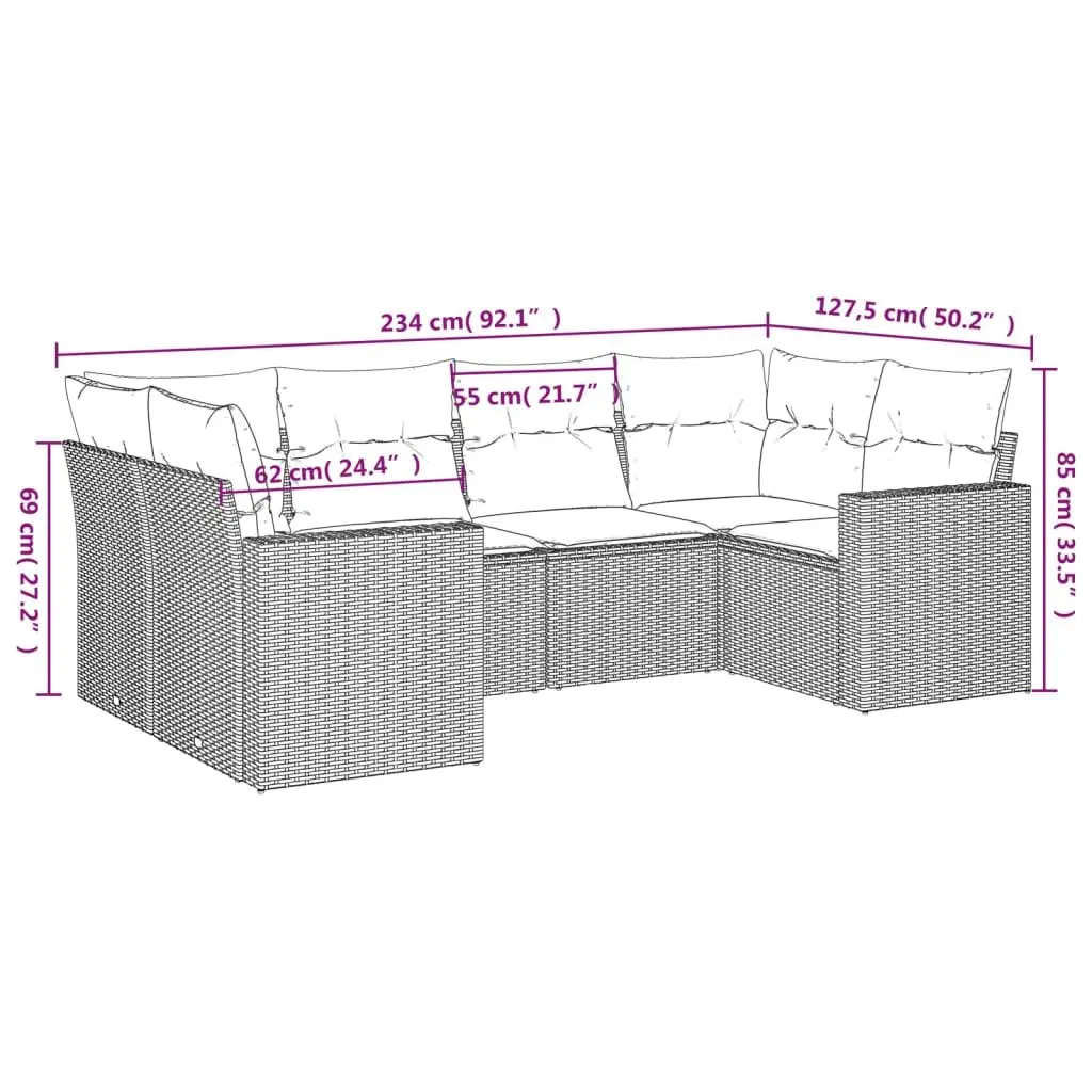 Garden Sofa Set 6 Piece Grey Poly Rattan Outdoor Furniture Patio Cushions