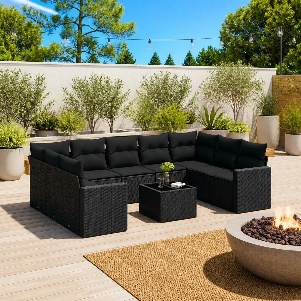 Garden Sofa Set Black 10 Piece Outdoor Patio Furniture Poly Rattan with Cushions