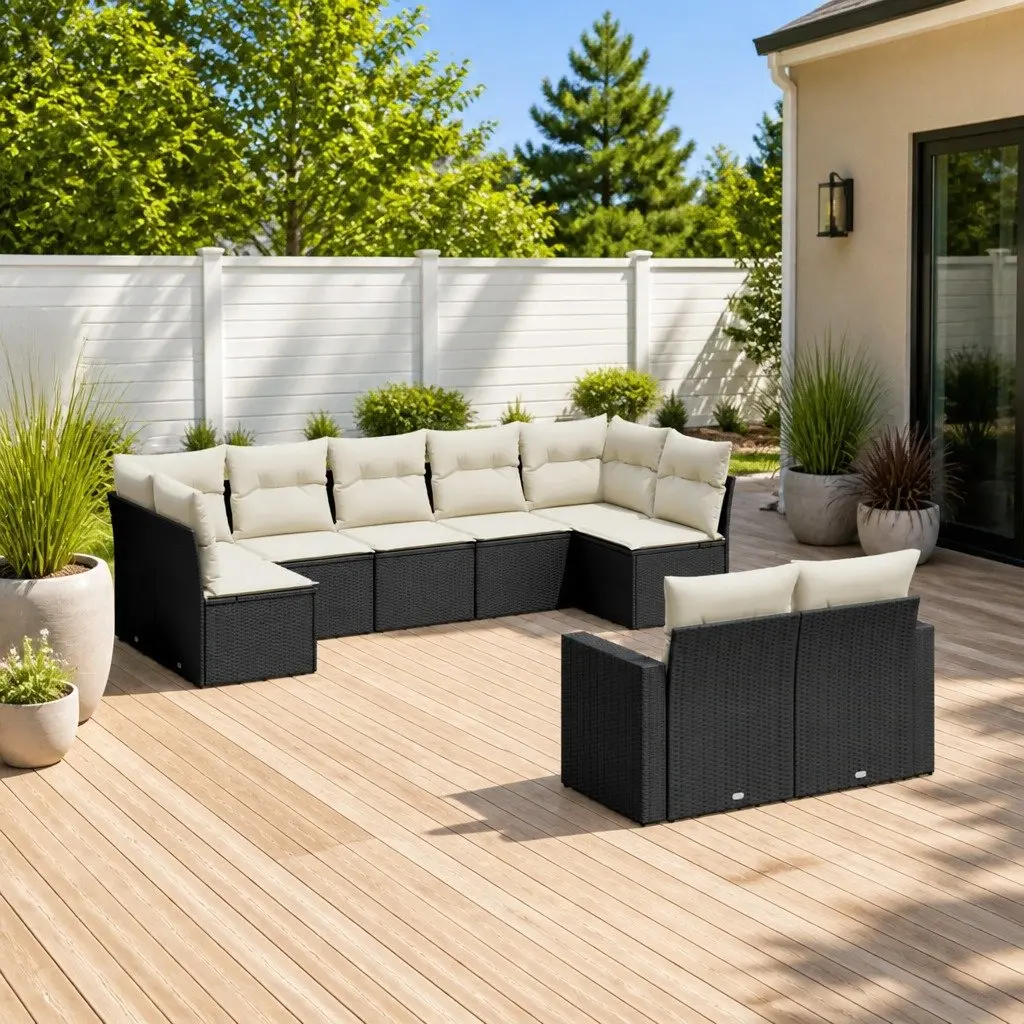 9 Piece Outdoor Garden Sofa Set Black Poly Rattan Cushions Weather Resistant