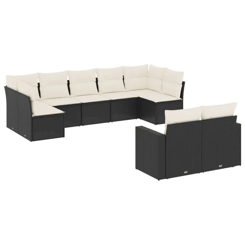 9 Piece Outdoor Garden Sofa Set Black Poly Rattan Cushions Weather Resistant