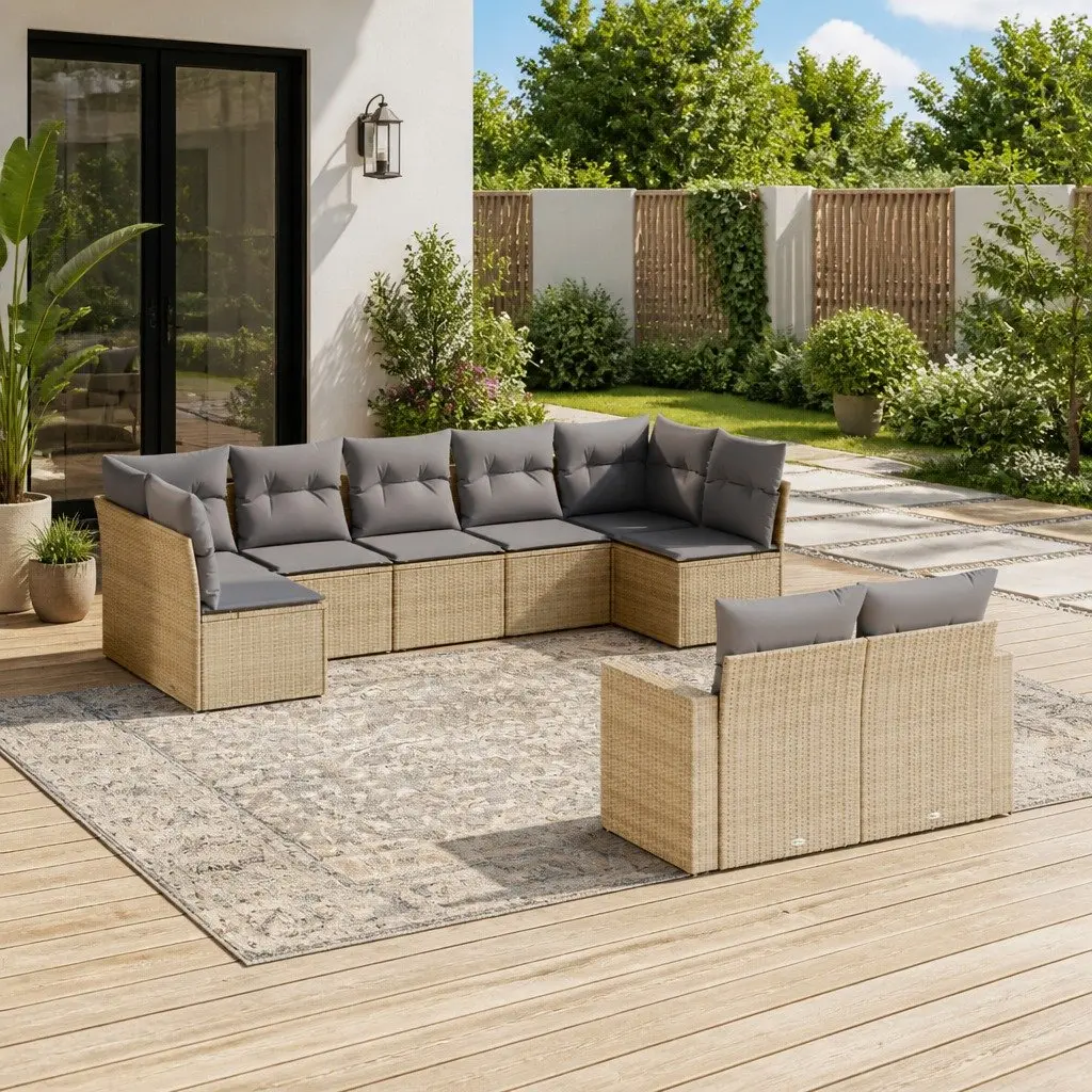 Garden Sofa Set Beige 9 Piece Outdoor Furniture Cushioned Modular