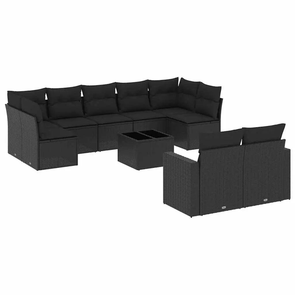10 Piece Black Outdoor Garden Sofa Set Rattan Lounge with Cushions