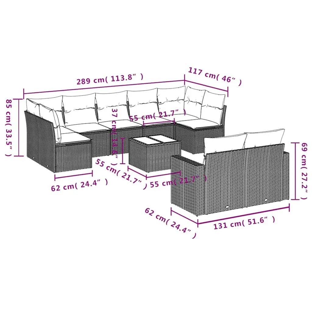 10 Piece Black Outdoor Garden Sofa Set Rattan Lounge with Cushions