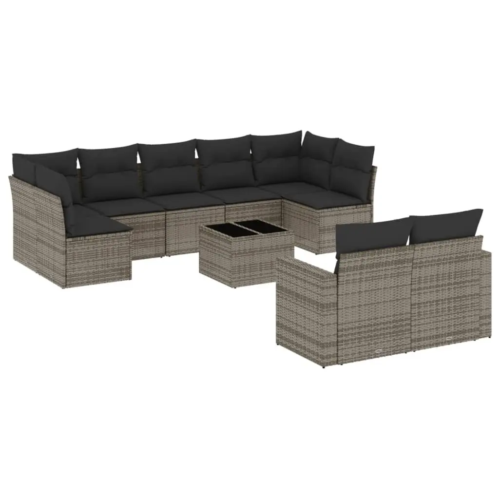 Garden Sofa Set Grey 10 Piece Modular Outdoor Furniture Poly Rattan with Thick Cushions and Tempered Glass Tabletop