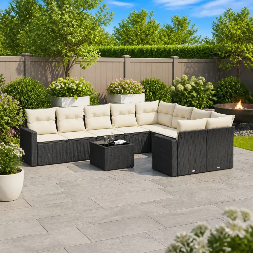 10 Piece Modular Garden Sofa Set Black Poly Rattan with Cushions Outdoor Patio Furniture