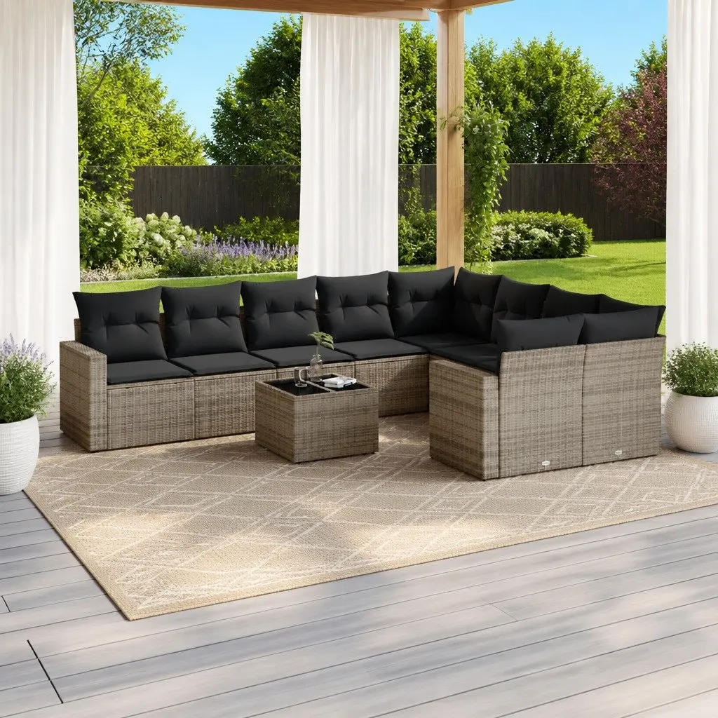 10 Piece Modular Outdoor Sofa Set Grey Poly Rattan with Removable Cushions and Tempered Glass Tabletop