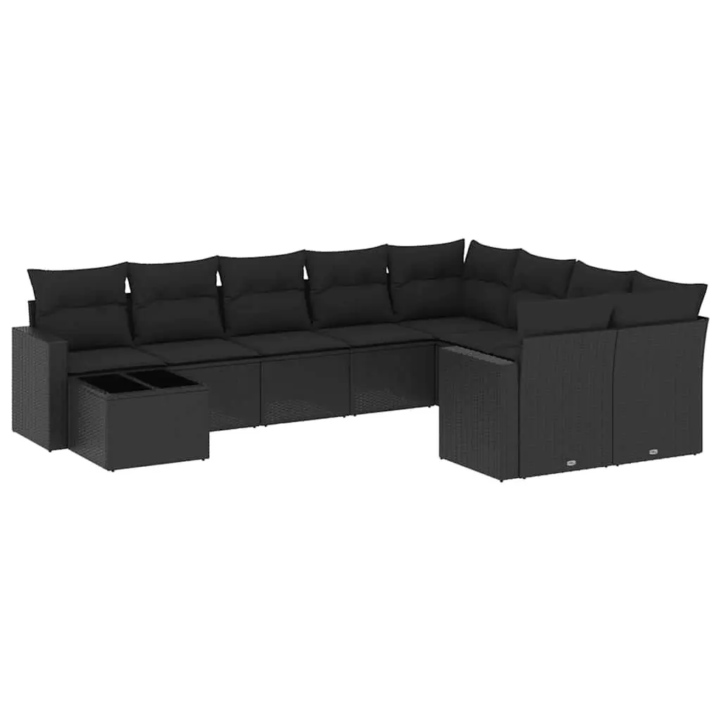 10 Piece Black Poly Rattan Garden Sofa Set Outdoor Patio Furniture with Cushions