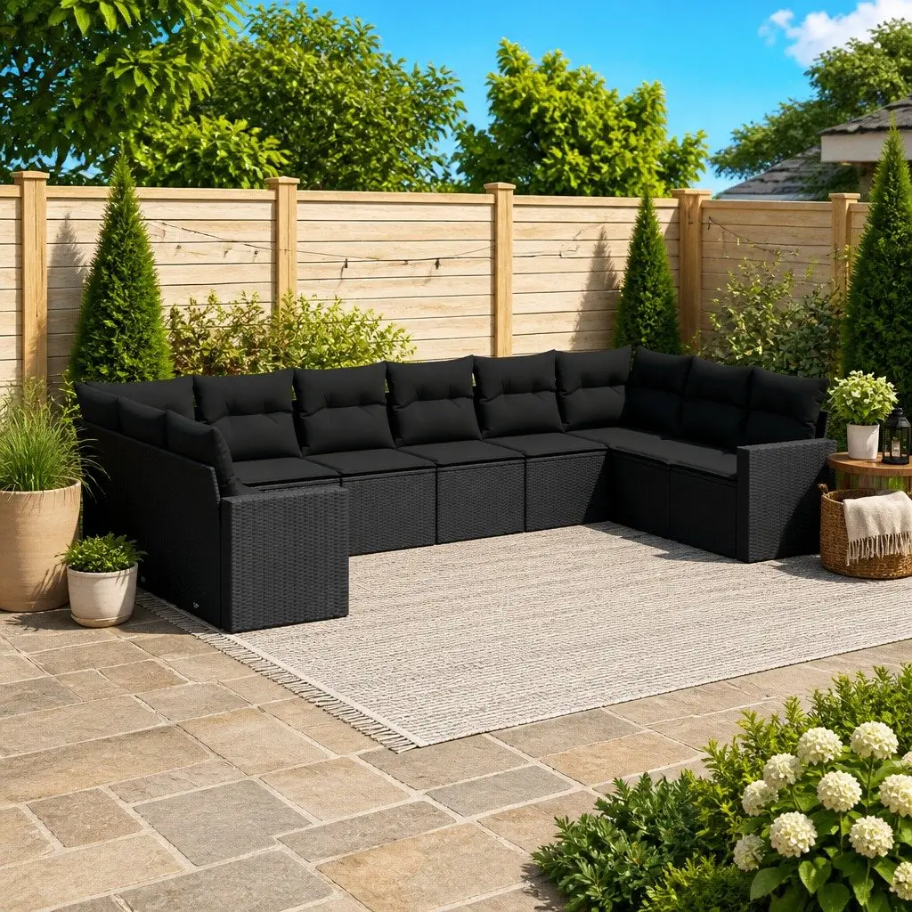 Garden Sofa Set Black 10 Piece Outdoor Furniture Patio Lounge with Cushions