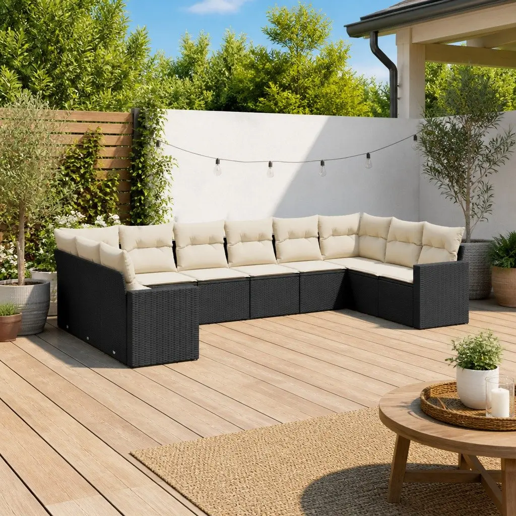 Garden Sofa Set Black 10 Piece Modular Outdoor Furniture with Thick Cushions