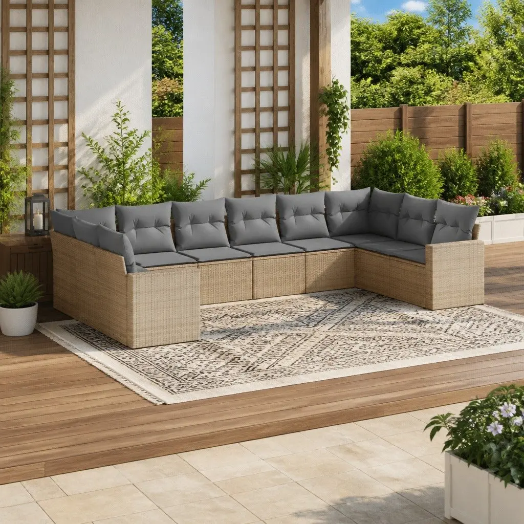 Modular Outdoor Garden Sofa Set Beige 10 Piece with Cushions Weather Resistant PE Rattan