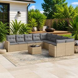 Garden Sofa Set 11 Piece Outdoor Furniture Beige Poly Rattan Patio Sectional