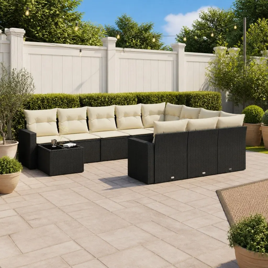 Garden Sofa Set Black 11 Piece Modular PE Rattan Outdoor Furniture with Tempered Glass Table and Padded Cushions