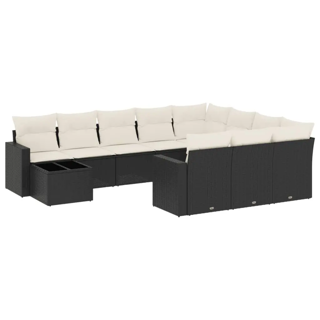 Garden Sofa Set Black 11 Piece Modular PE Rattan Outdoor Furniture with Tempered Glass Table and Padded Cushions