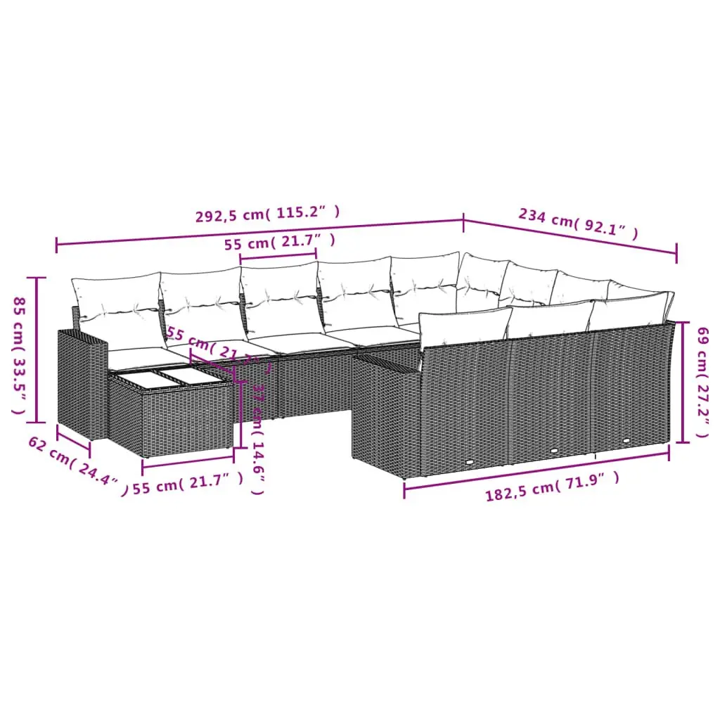 Garden Sofa Set Black 11 Piece Modular PE Rattan Outdoor Furniture with Tempered Glass Table and Padded Cushions