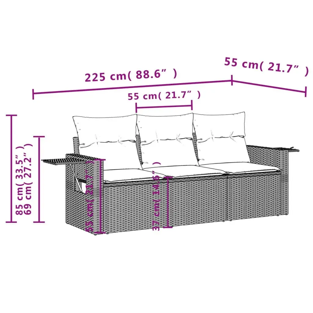 Grey Modular Outdoor Sofa Set 3 Piece with Cushions and Foldable Side Tables for Patio and Garden