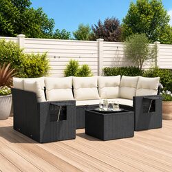 7 Piece Outdoor Garden Sofa Set Black Poly Rattan Patio Furniture with Cushions