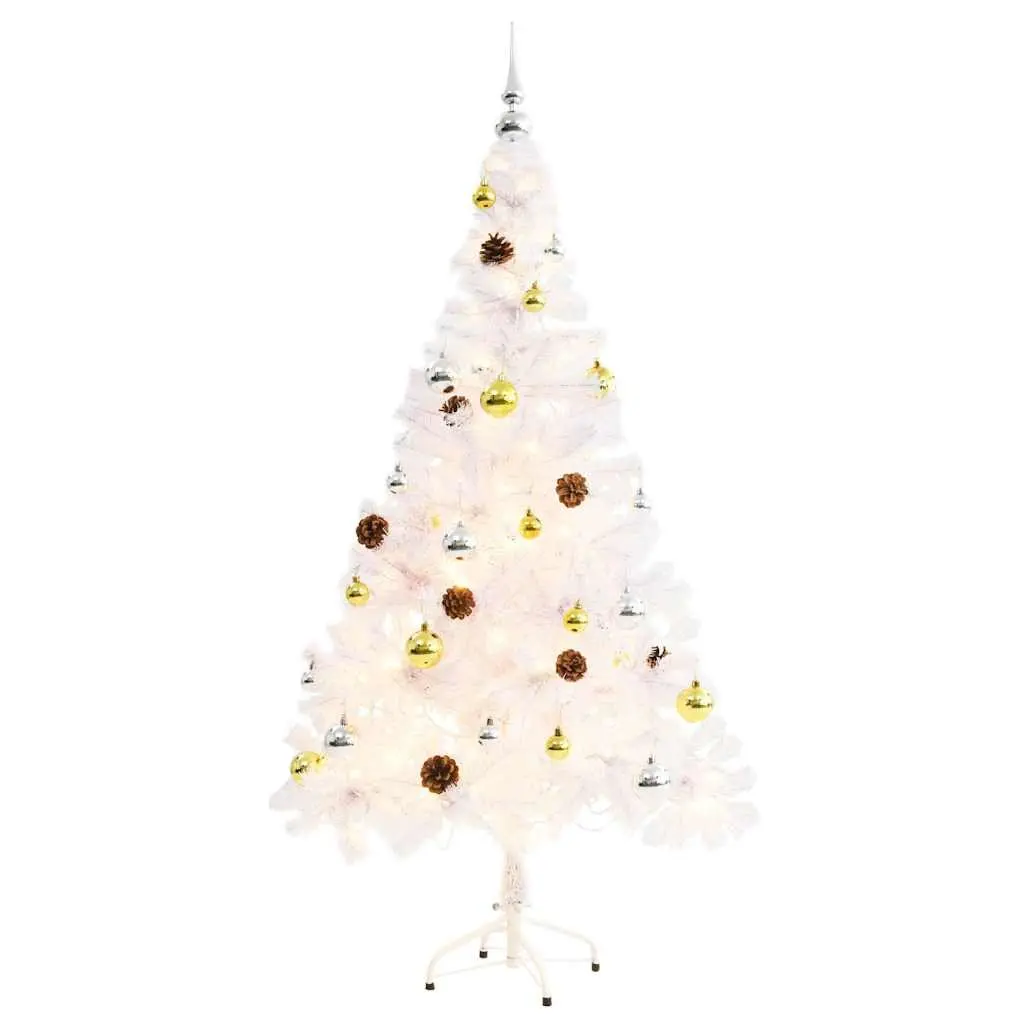 Artificial Christmas Tree White 150cm Pre-lit with LED Lights and Baubles