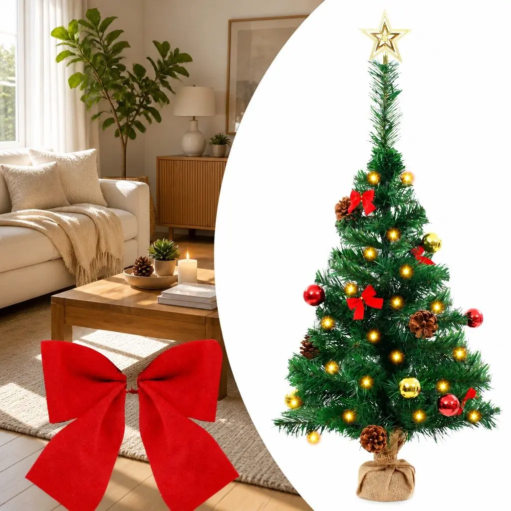 Artificial Christmas Tree Green 64cm Pre-lit with LED Lights and Baubles