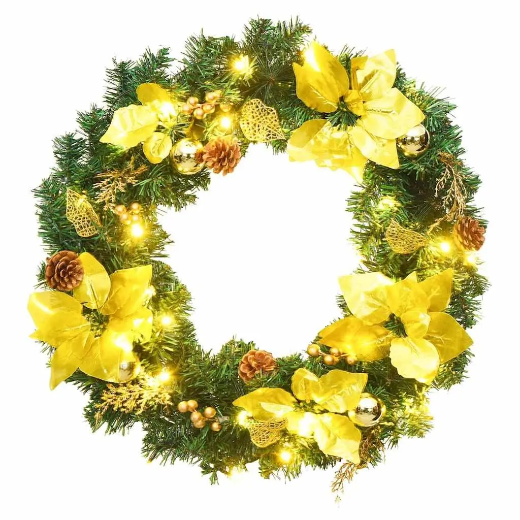 Christmas Wreath Green Gold 60cm LED Lights Decorative Baubles Holiday Door Wall