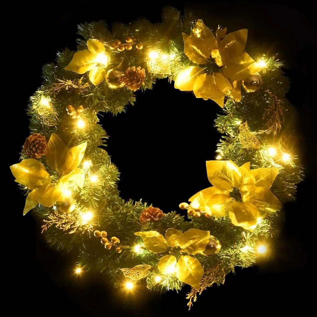 Christmas Wreath Green Gold 60cm LED Lights Decorative Baubles Holiday Door Wall