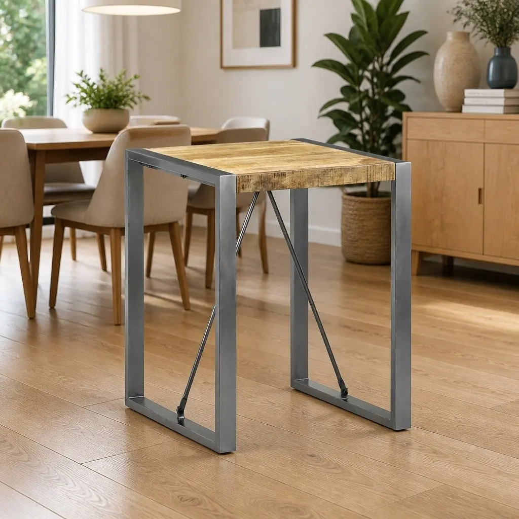 Dining Table Grey 60x60x75cm Solid Rough Mango Wood Steel Legs Industrial Style