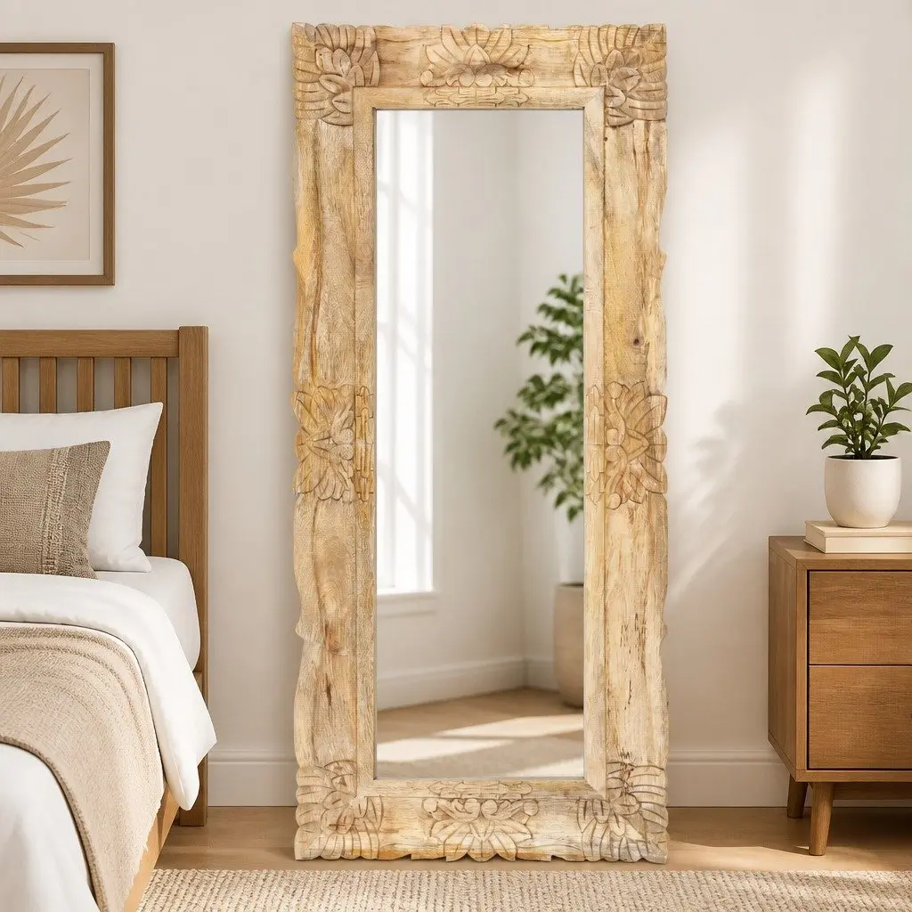 Mango Wood Mirror, Hand-Carved 110x50 cm