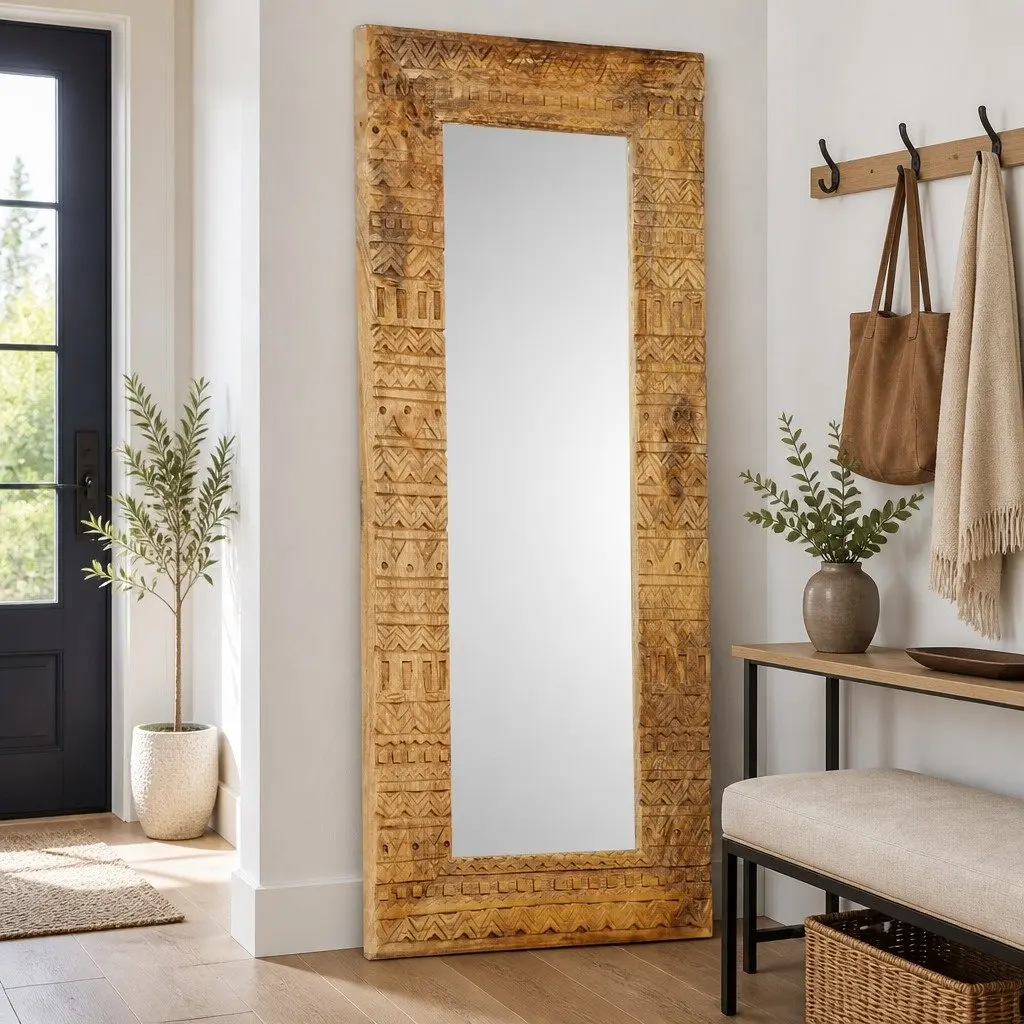 Hand-Carved Wooden Mirror Brown 110x50cm Solid Mango Wood Wall Decor