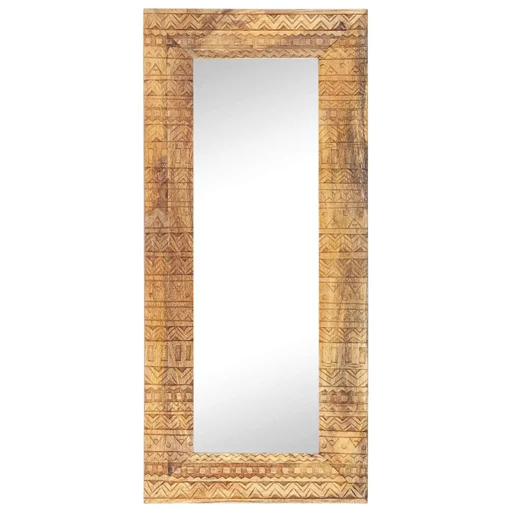 Hand-Carved Wooden Mirror Brown 110x50cm Solid Mango Wood Wall Decor