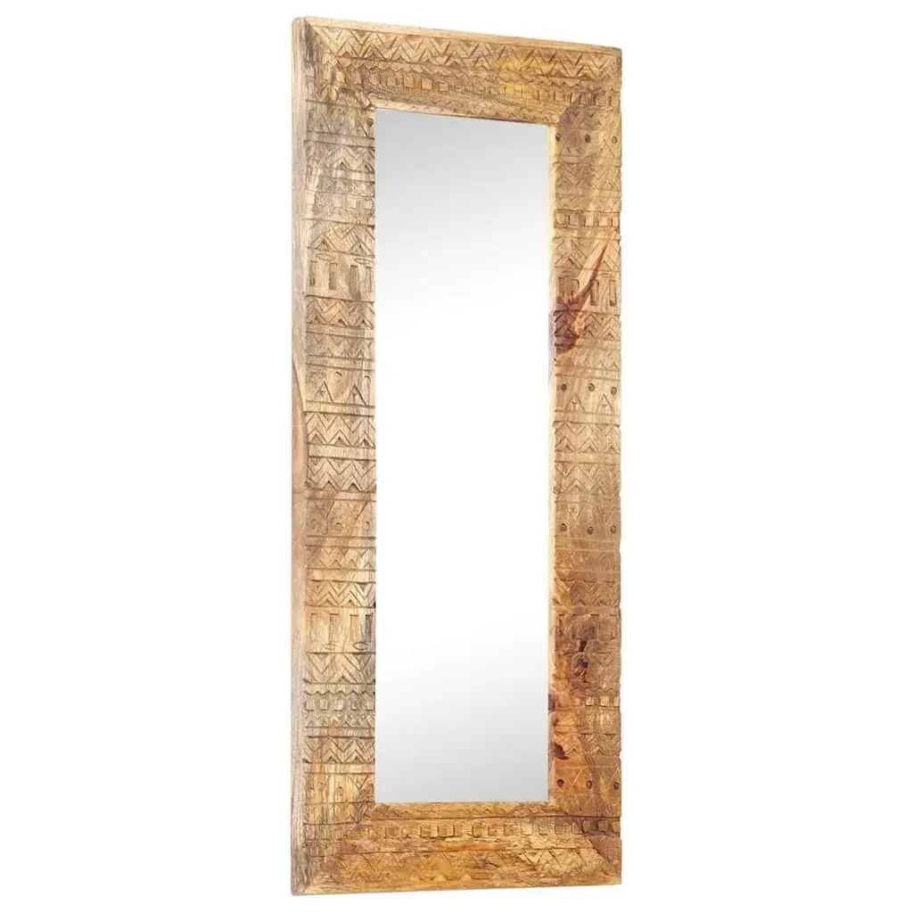 Hand-Carved Wooden Mirror Brown 110x50cm Solid Mango Wood Wall Decor