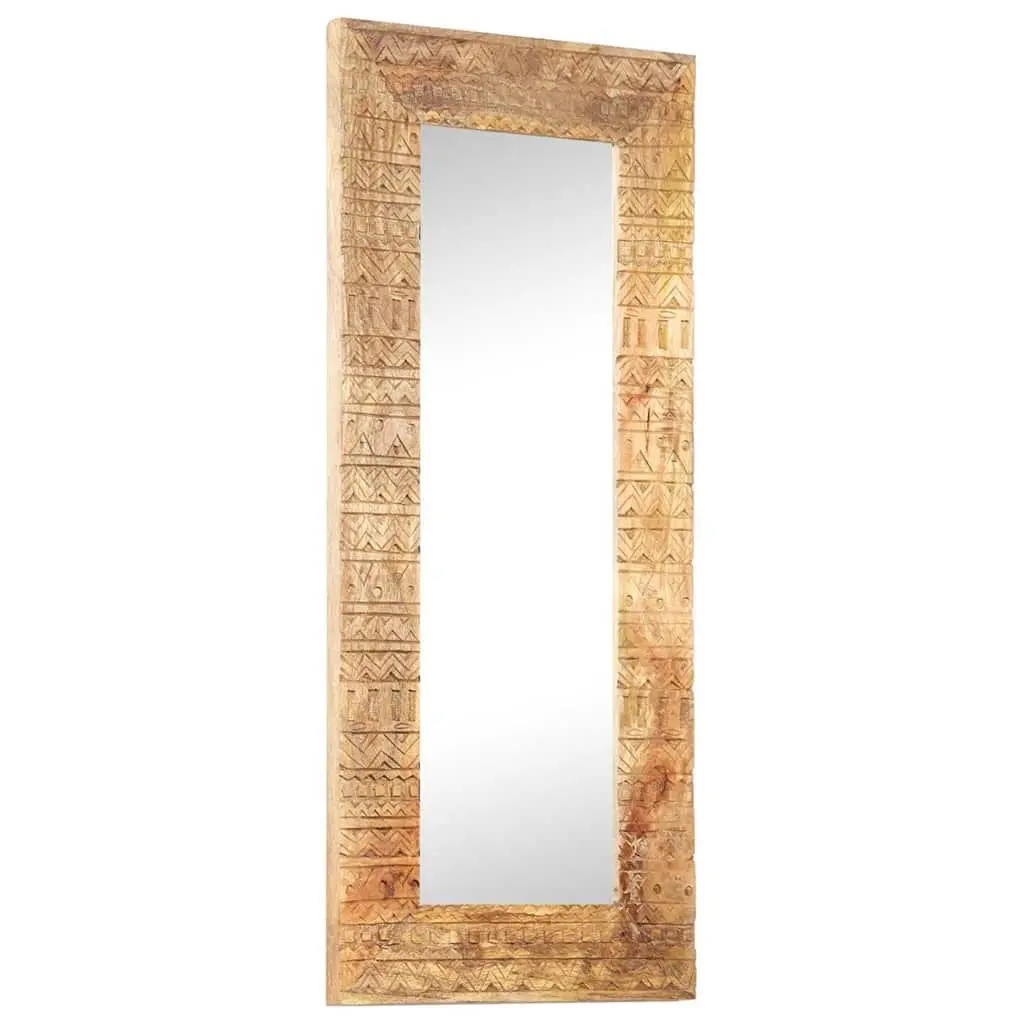 Hand-Carved Wooden Mirror Brown 110x50cm Solid Mango Wood Wall Decor