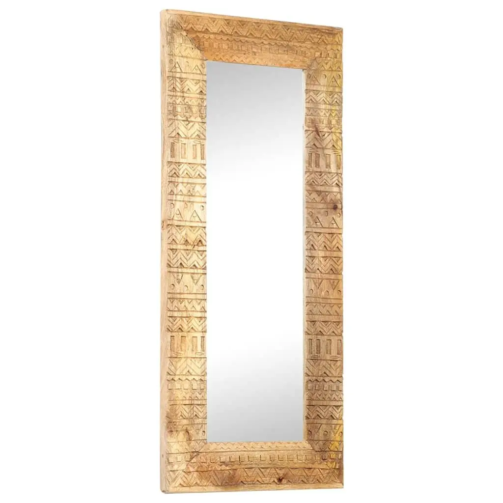 Hand-Carved Wooden Mirror Brown 110x50cm Solid Mango Wood Wall Decor