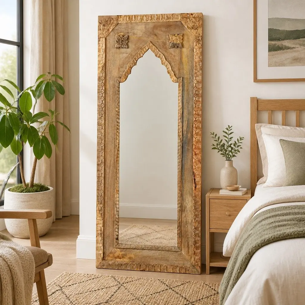 Wooden Mirror Brown 50x3x110 cm Hand-Carved Solid Mango Wood Frame