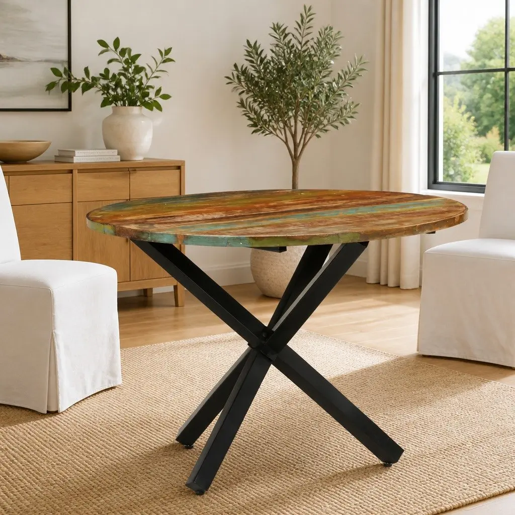 Round Dining Table Brown 100x100x75cm Reclaimed Wood Handmade Furniture