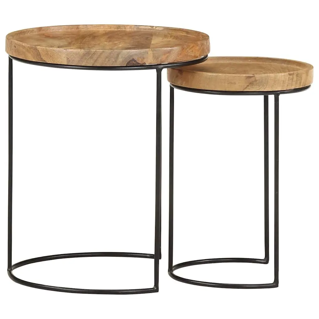 2 Piece Coffee Table Set Solid Mango Wood Steel Frame Living Room Furniture