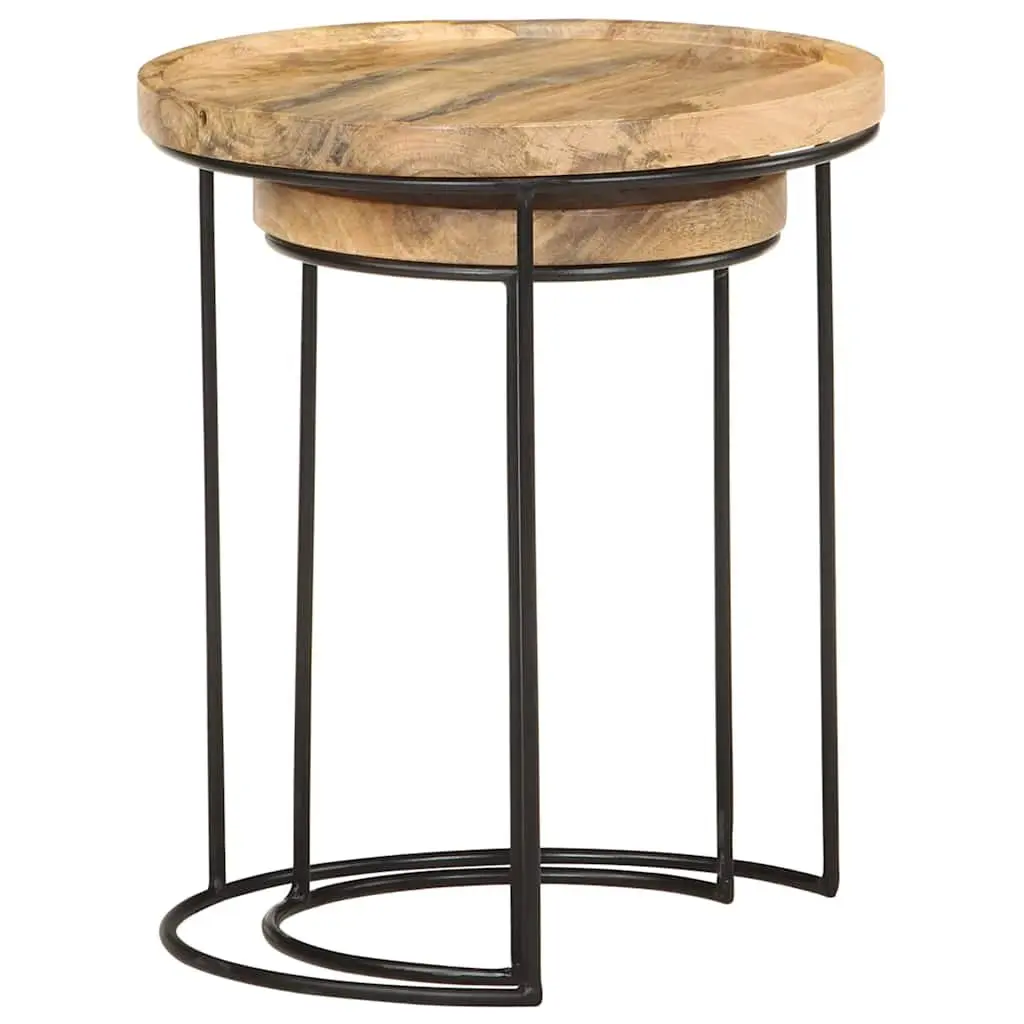 2 Piece Coffee Table Set Solid Mango Wood Steel Frame Living Room Furniture