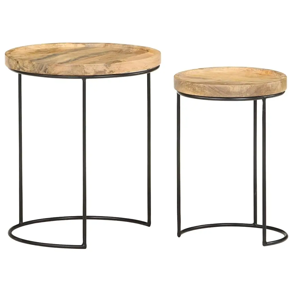 2 Piece Coffee Table Set Solid Mango Wood Steel Frame Living Room Furniture