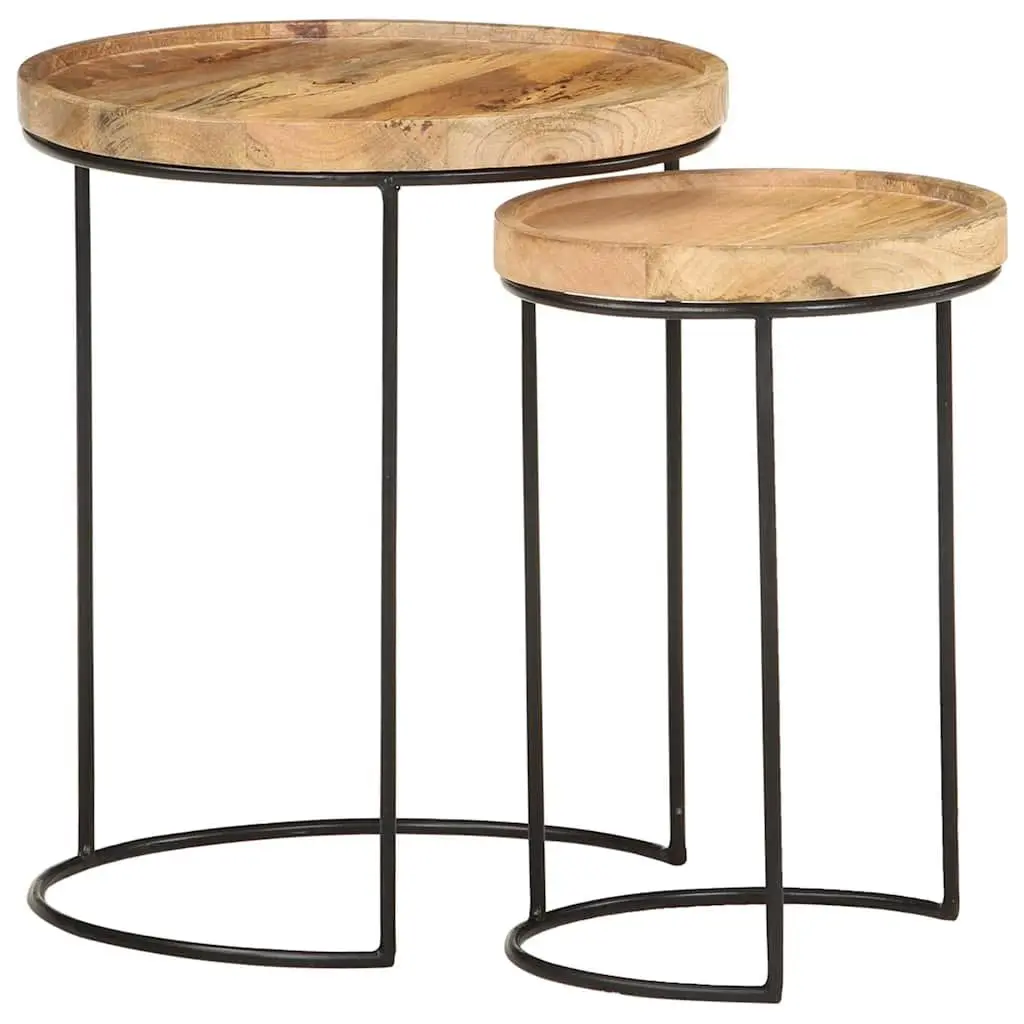 2 Piece Coffee Table Set Solid Mango Wood Steel Frame Living Room Furniture