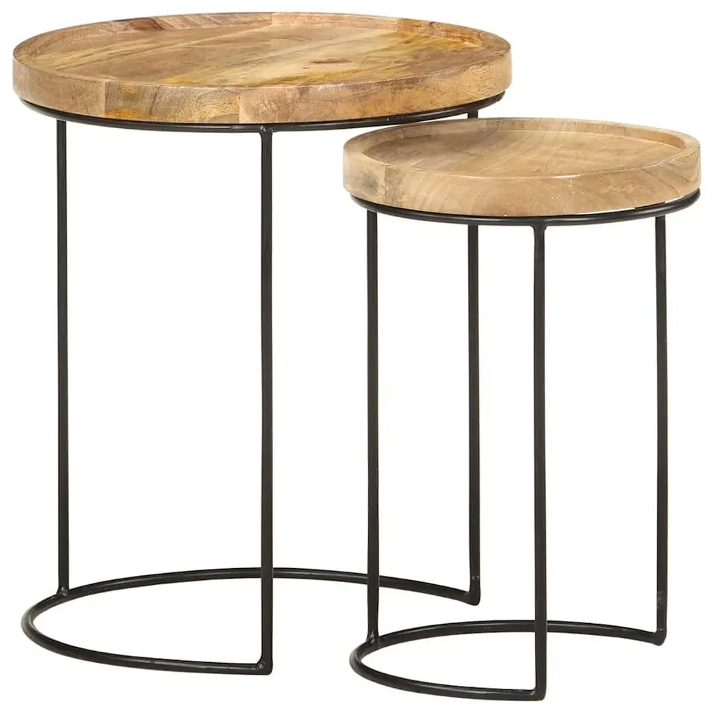 2 Piece Coffee Table Set Solid Mango Wood Steel Frame Living Room Furniture