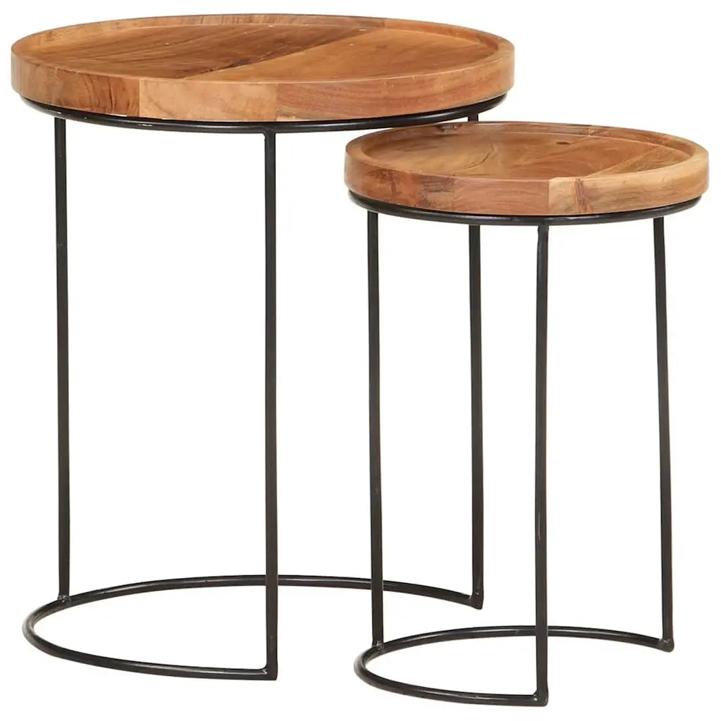 2 Piece Coffee Table Set Brown Solid Acacia Wood Steel Frame