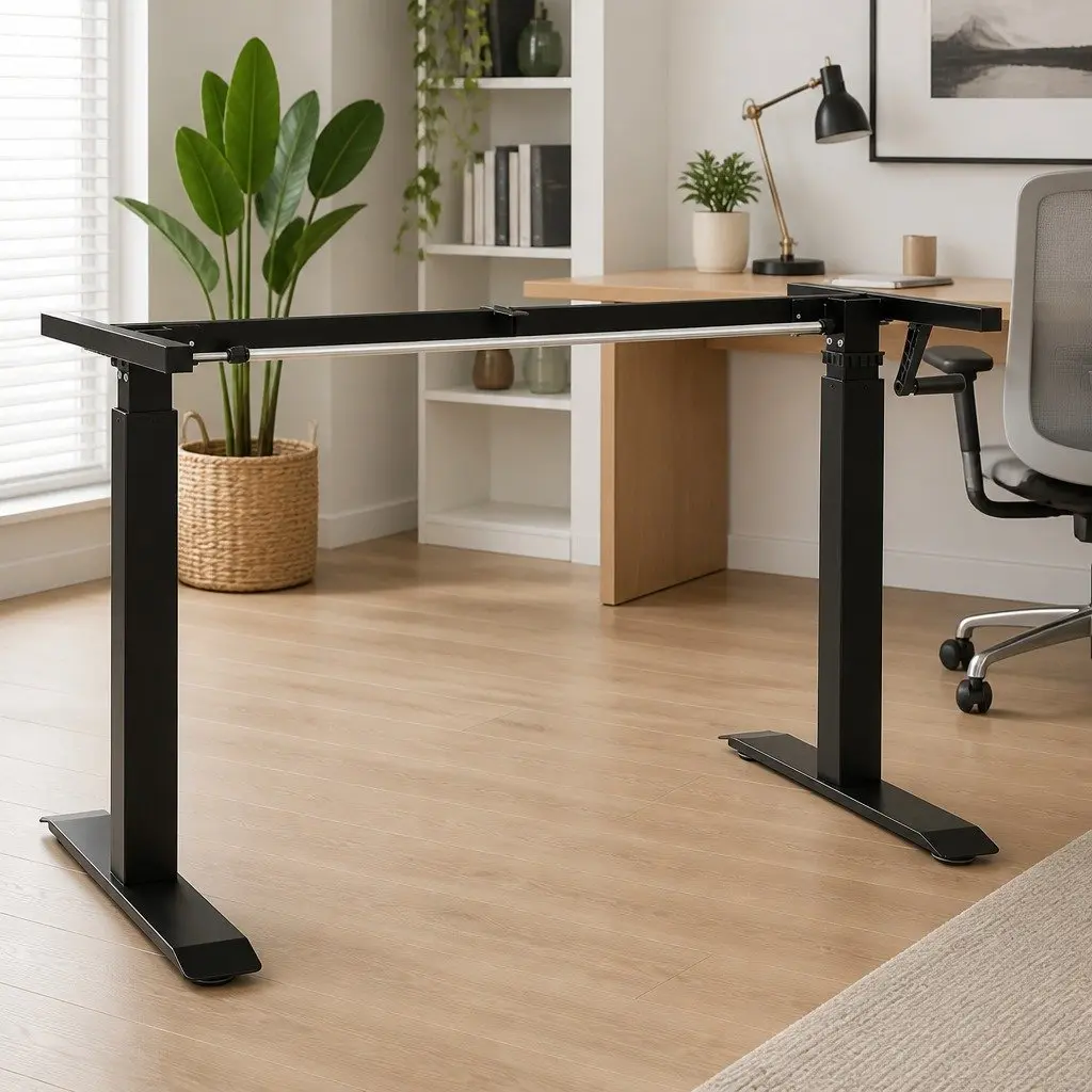 Manual Adjustable Desk Frame Black Hand Crank Carbon Steel Sit Stand 71 to 113 cm Height 102 to 160 cm Width
