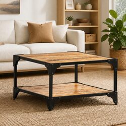 Coffee Table, Solid Mango Wood, 60x60x35 cm, Storage Shelf